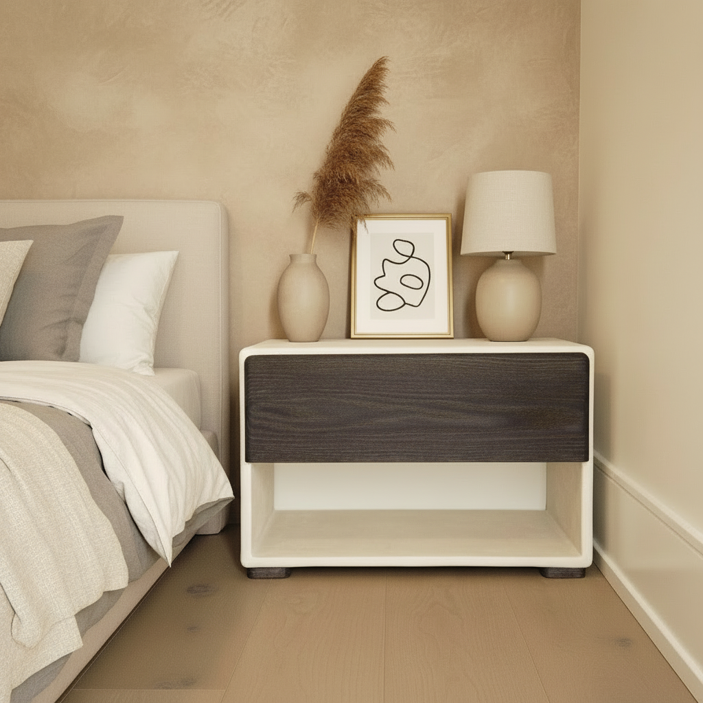 24" Wide Handmade Micro Cement Nightstand | Modern Bedside Table with Oak Drawer | Minimalist Furniture