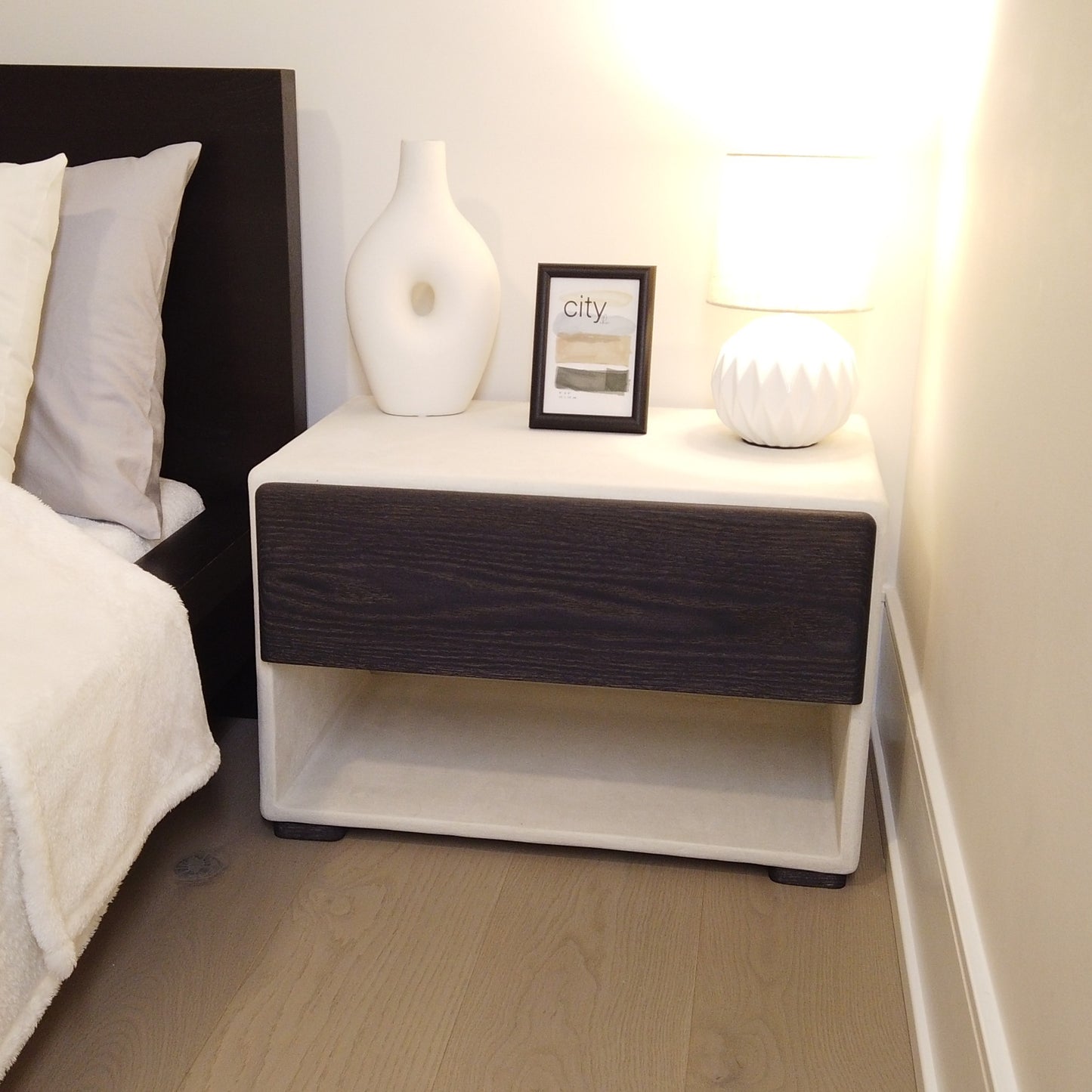 24" Wide Handmade Micro Cement Nightstand | Modern Bedside Table with Oak Drawer | Minimalist Furniture