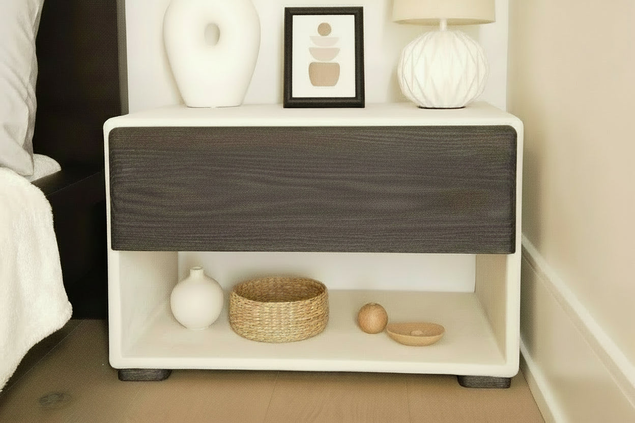24" Wide Handmade Micro Cement Nightstand | Modern Bedside Table with Oak Drawer | Minimalist Furniture