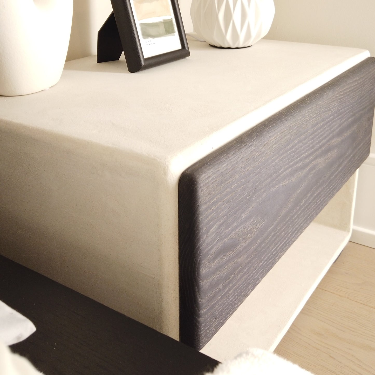 24" Wide Handmade Micro Cement Nightstand | Modern Bedside Table with Oak Drawer | Minimalist Furniture