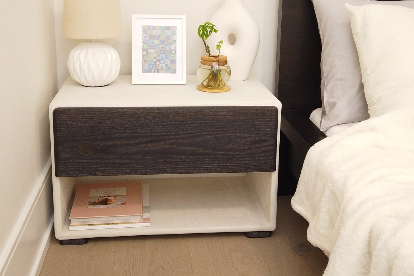 24" Wide Handmade Micro Cement Nightstand | Modern Bedside Table with Oak Drawer | Minimalist Furniture