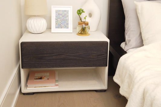 24" Wide Handmade Micro Cement Nightstand | Modern Bedside Table with Oak Drawer | Minimalist Furniture