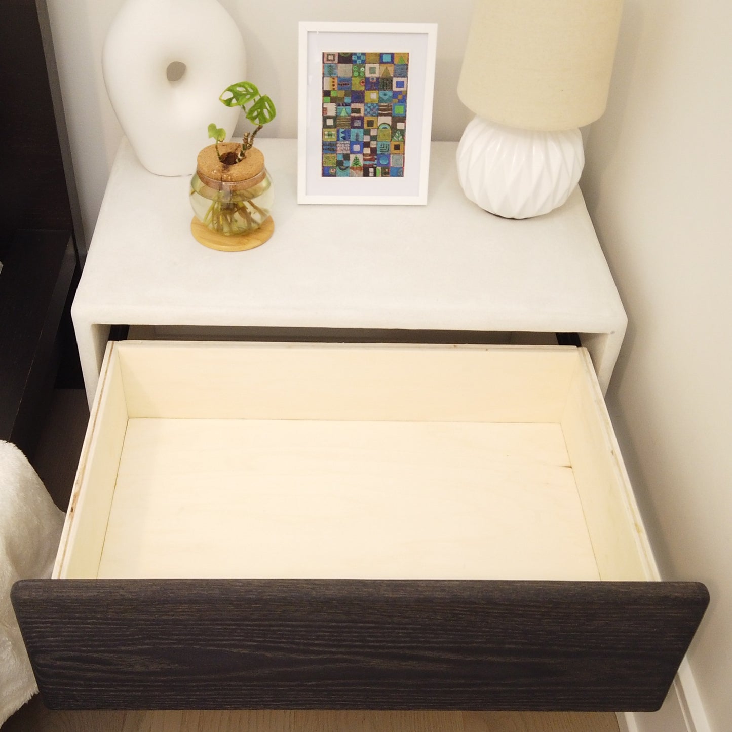 24" Wide Handmade Micro Cement Nightstand | Modern Bedside Table with Oak Drawer | Minimalist Furniture