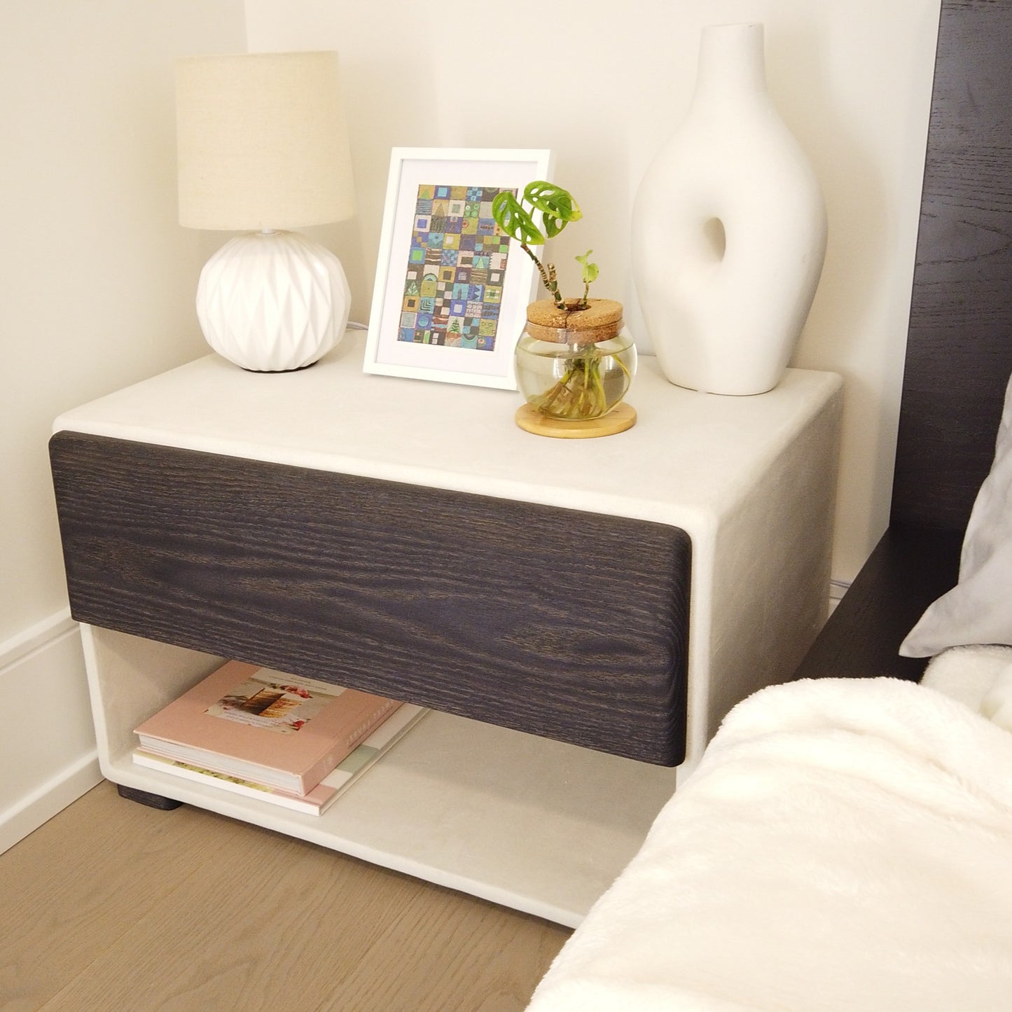 24" Wide Handmade Micro Cement Nightstand | Modern Bedside Table with Oak Drawer | Minimalist Furniture