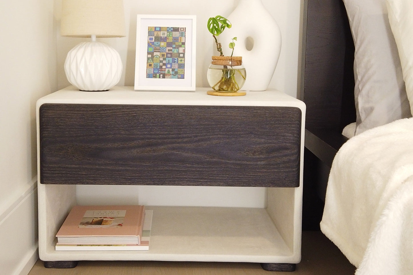 24" Wide Handmade Micro Cement Nightstand | Modern Bedside Table with Oak Drawer | Minimalist Furniture