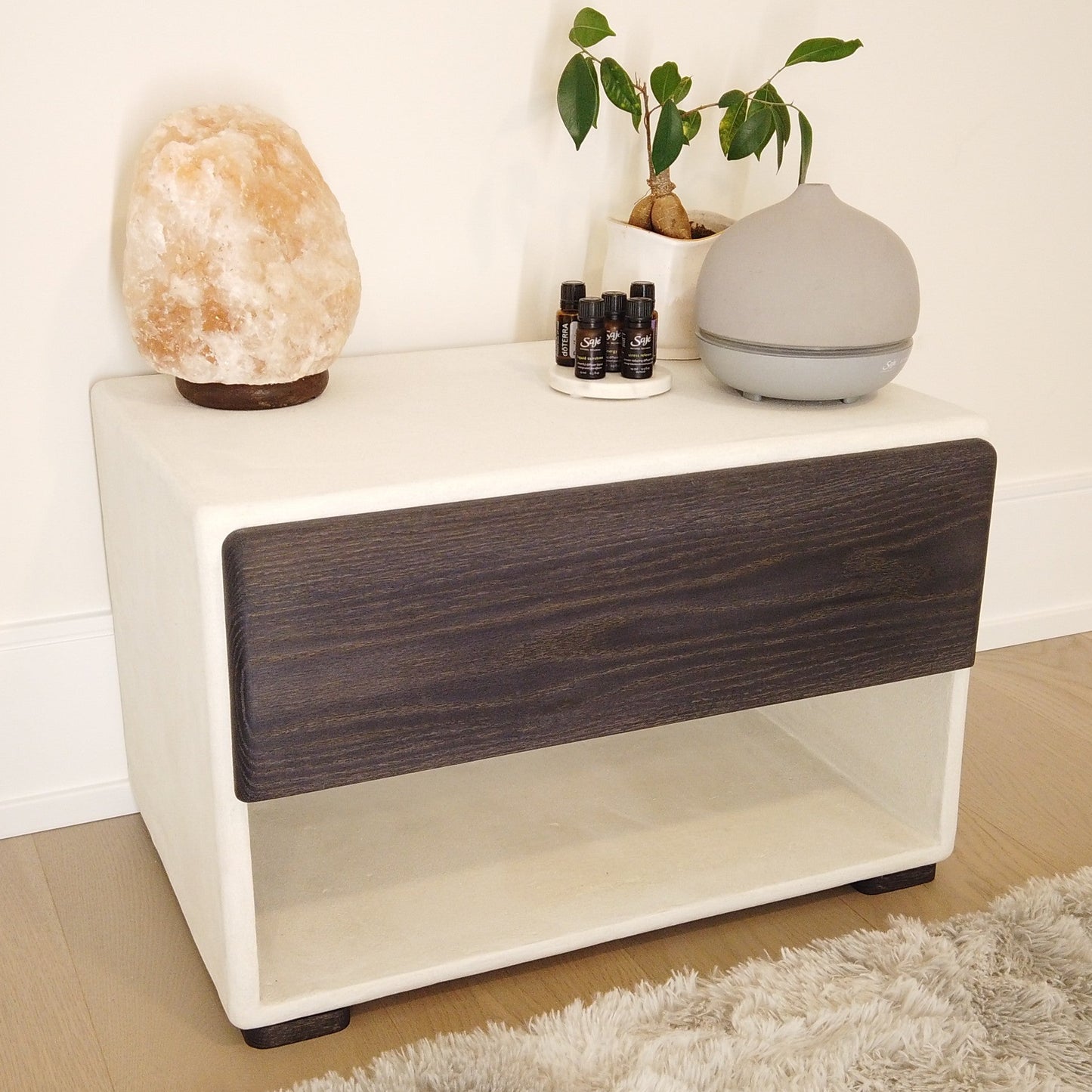 24" Wide Handmade Micro Cement Nightstand | Modern Bedside Table with Oak Drawer | Minimalist Furniture