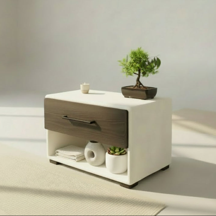 24" Wide Handmade Micro Cement Nightstand | Modern Bedside Table with Oak Drawer | Minimalist Furniture
