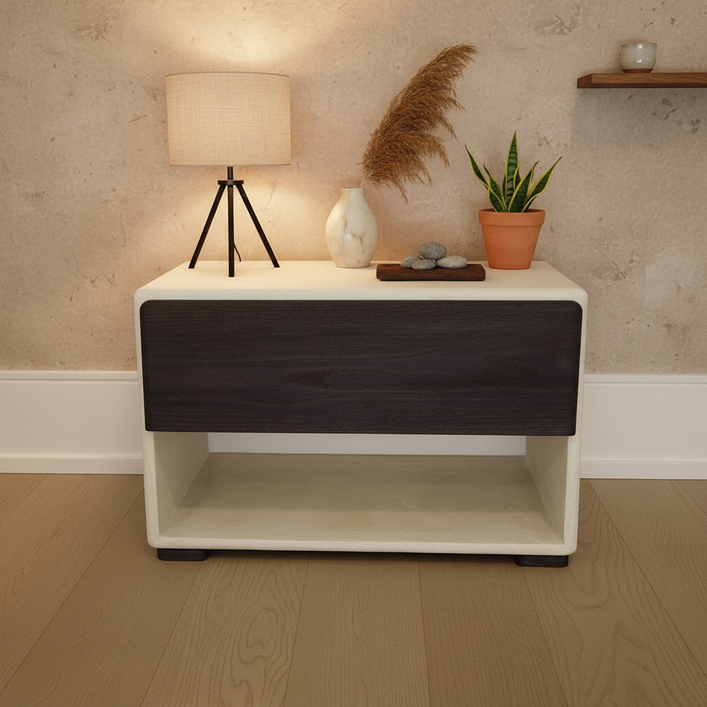 24" Wide Handmade Micro Cement Nightstand | Modern Bedside Table with Oak Drawer | Minimalist Furniture