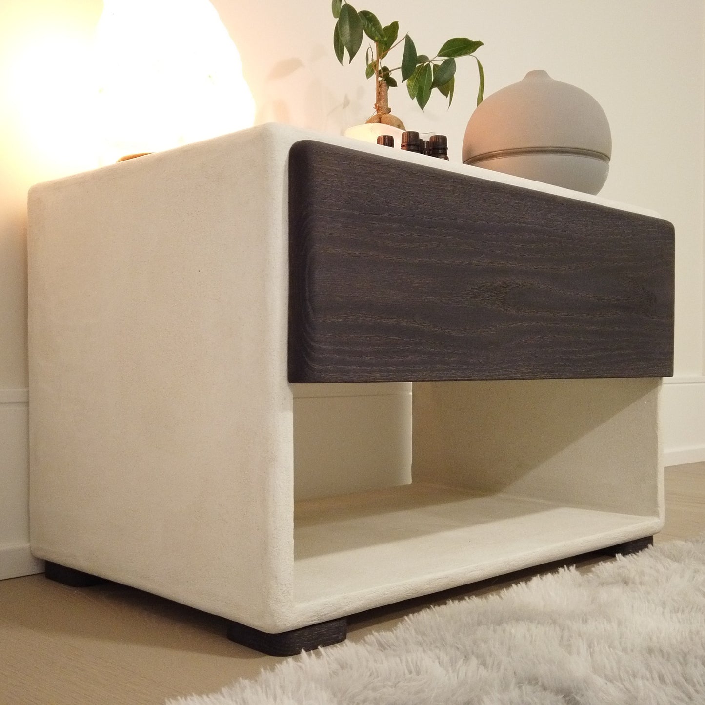 24" Wide Handmade Micro Cement Nightstand | Modern Bedside Table with Oak Drawer | Minimalist Furniture