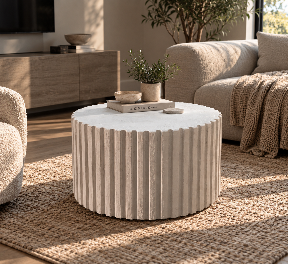 Fluted Microcement Coffee Table, Handmade Round Sculptural