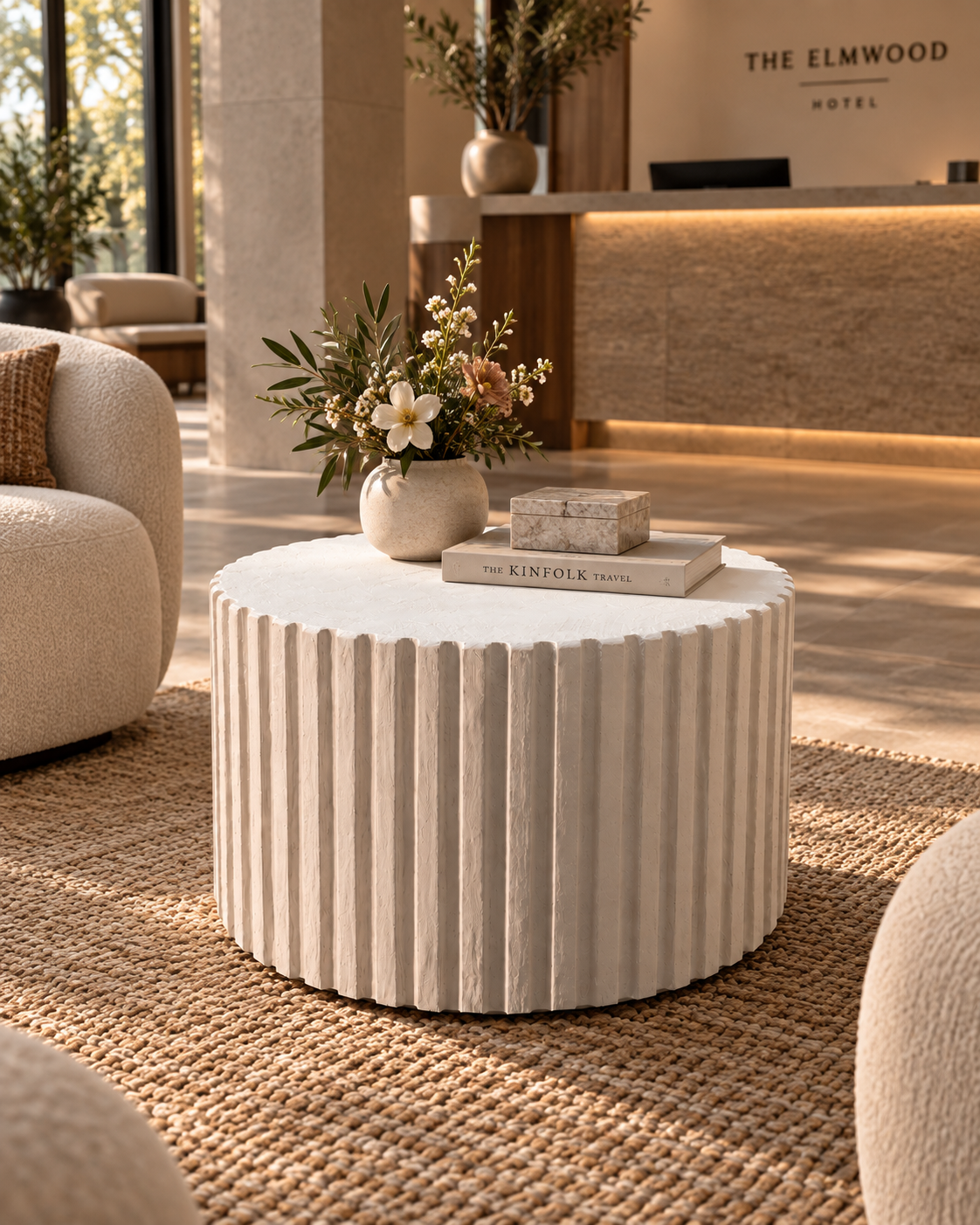 Fluted Microcement Coffee Table, Handmade Round Sculptural