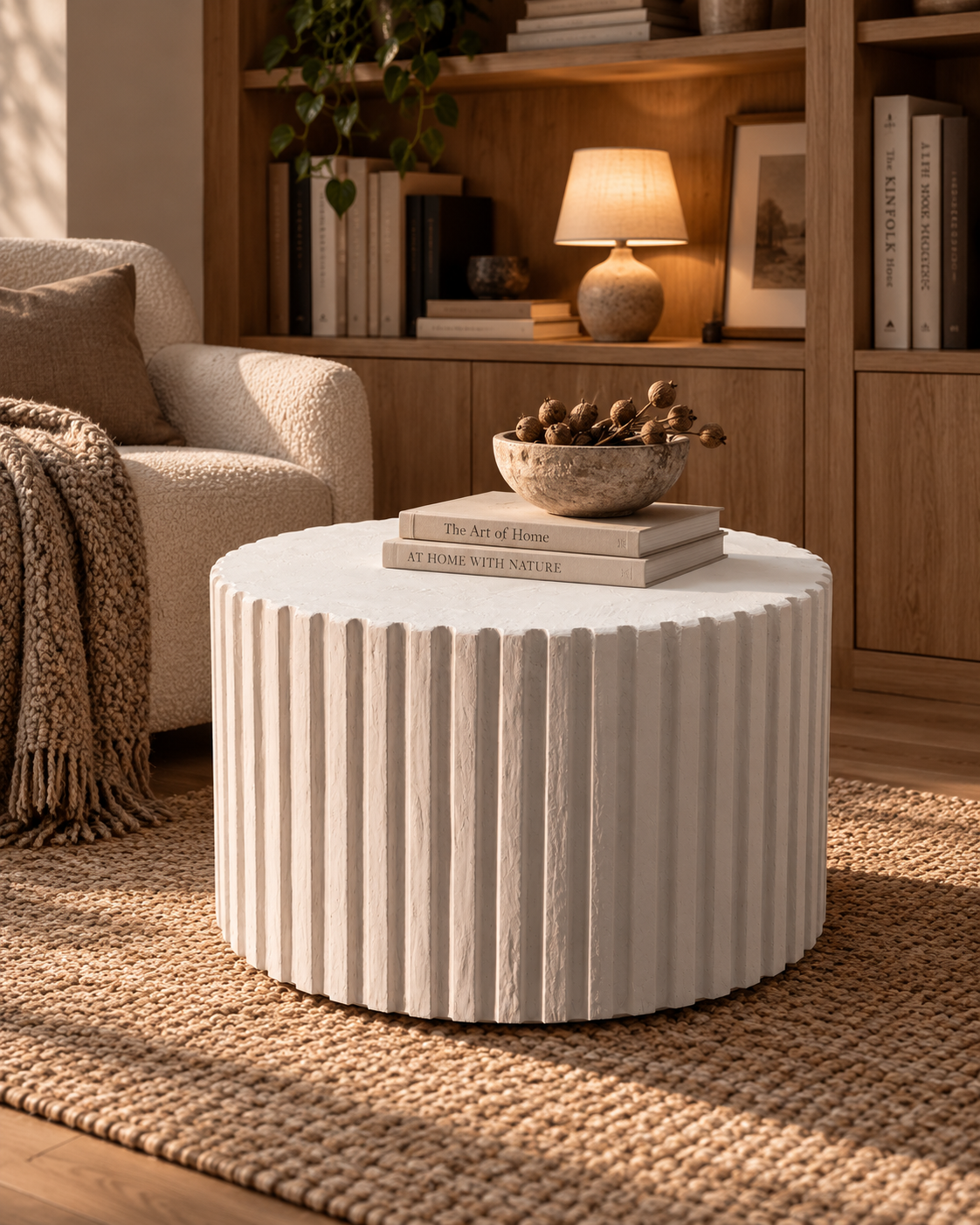Fluted Microcement Coffee Table, Handmade Round Sculptural