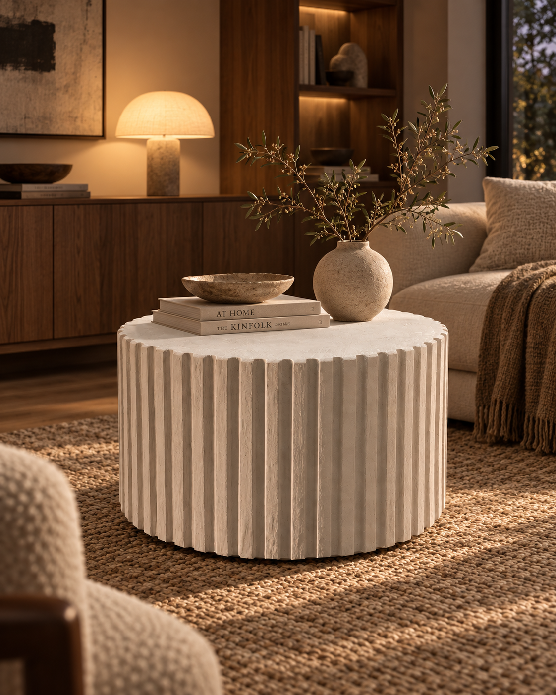 Fluted Microcement Coffee Table, Handmade Round Sculptural