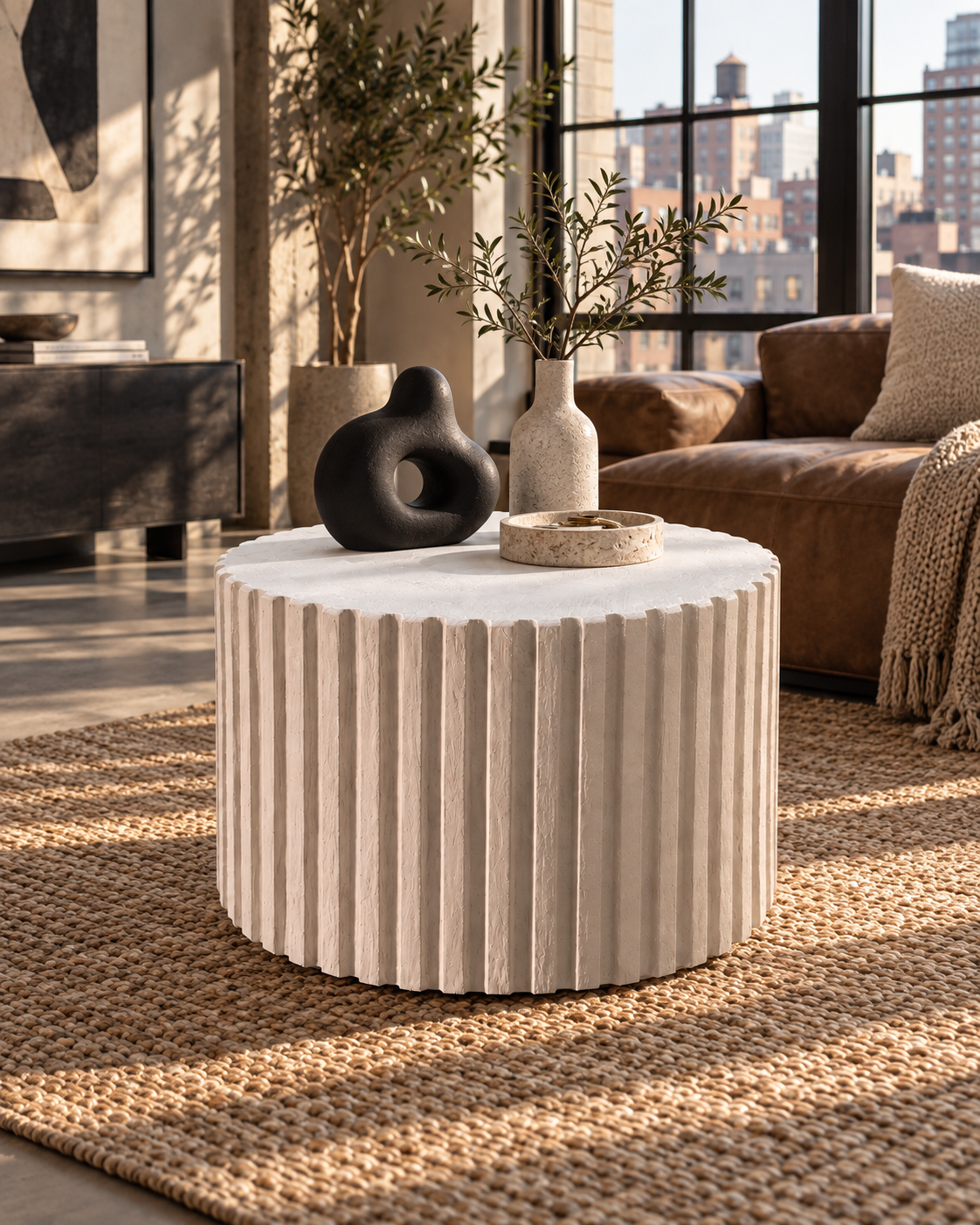 Fluted Microcement Coffee Table, Handmade Round Sculptural