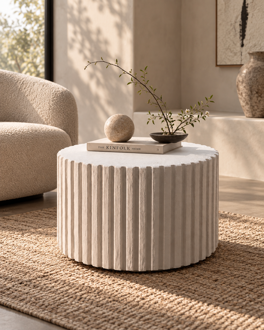 Fluted Microcement Coffee Table, Handmade Round Sculptural