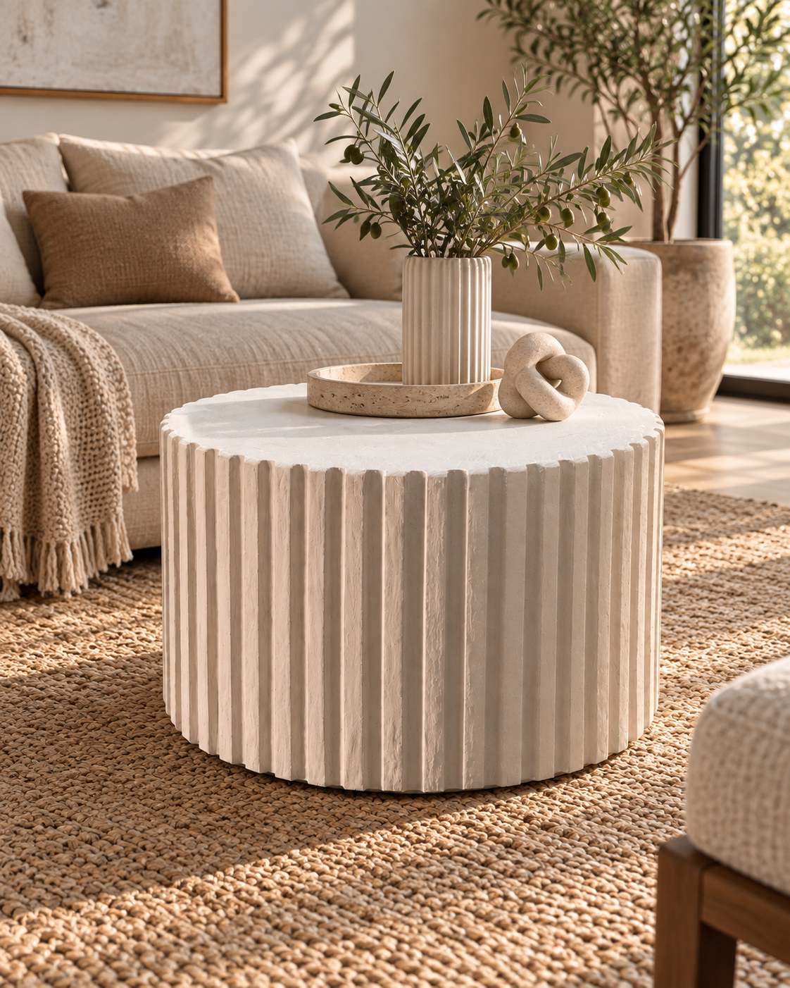 Fluted Microcement Coffee Table, Handmade Round Sculptural