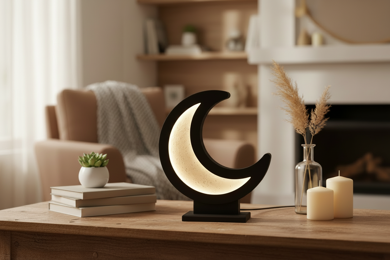 Modern Moon Decor | Handmade Micro-Cement Textured | Illuminated LED Crescent Moon