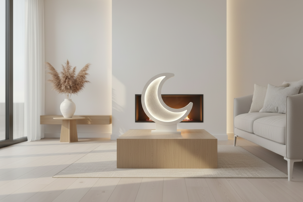 Modern Moon Decor | Handmade Micro-Cement Textured | Illuminated LED Crescent Moon