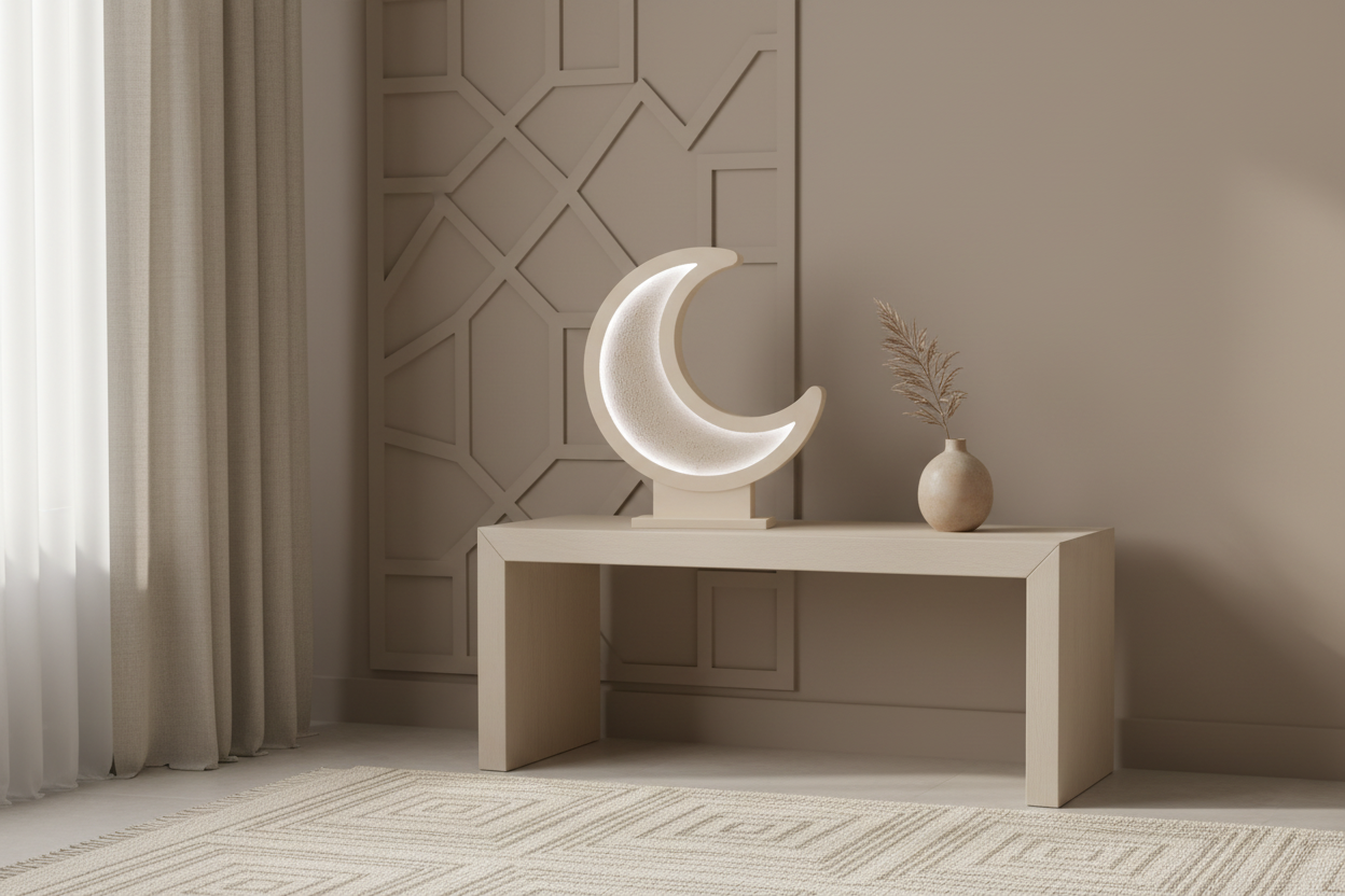 Modern Moon Decor | Handmade Micro-Cement Textured | Illuminated LED Crescent Moon